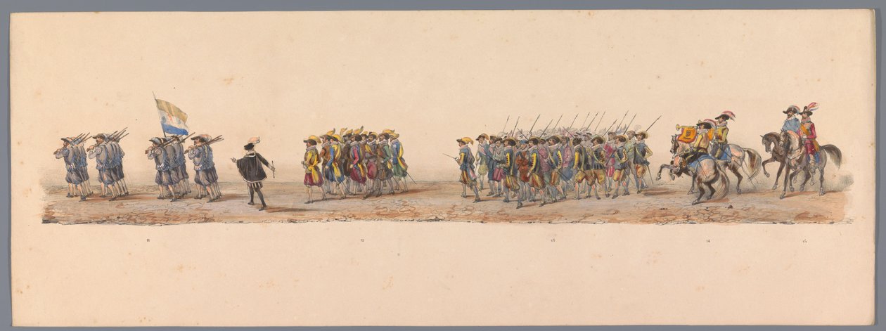1836 年乌特勒支大学第二个百年庆典上的历史庆典（图版 4）
1600 年 7 月 3 日，尼乌波尔特战役胜利后的第二天，荷兰军队前往奥斯坦德的游行队伍；根据 H H Student 提供的服装表现形式 作者 维克多·亚当