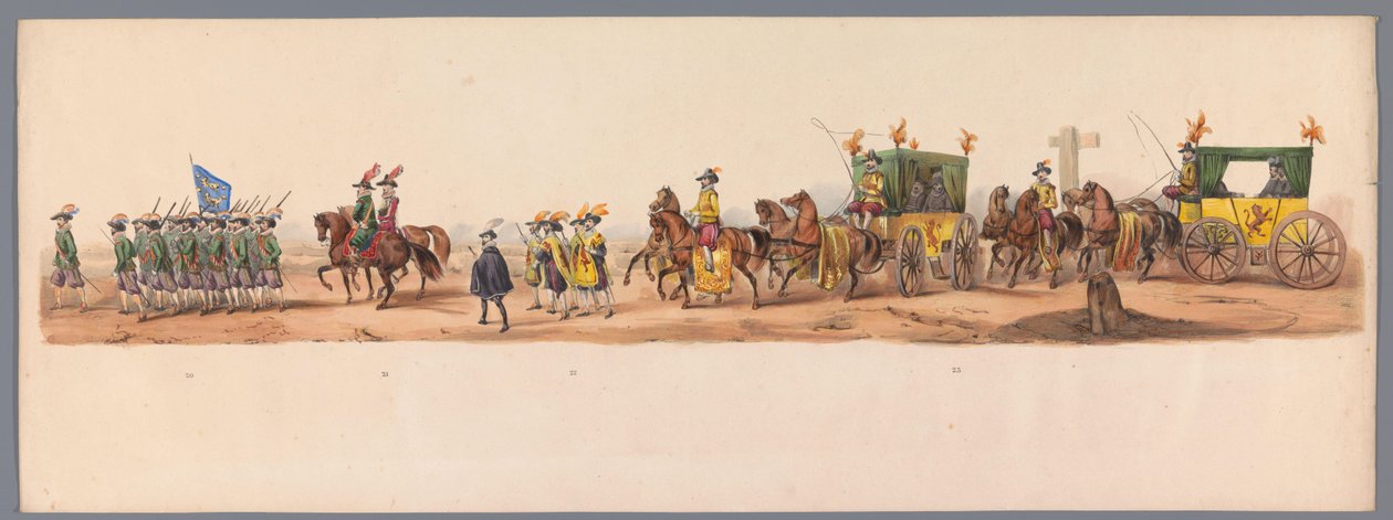1836 年乌特勒支大学第二个百年庆典上的历史庆典（图版 6）
1600 年 7 月 3 日，尼乌波尔特战役胜利后的第二天，荷兰军队前往奥斯坦德的游行队伍；根据 H H Student 提供的服装表现形式 作者 维克多·亚当