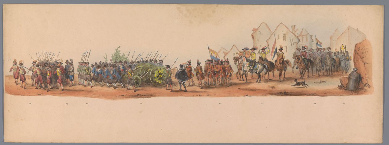 乌特勒支大学第二个百年庆典的历史庆典，1836 年（图版 10）
1600 年 7 月 3 日，尼乌波尔特战役胜利后的第二天，荷兰军队前往奥斯坦德的游行队伍；根据 H H Studen 提供的服装表现形式 作者 维克多·亚当