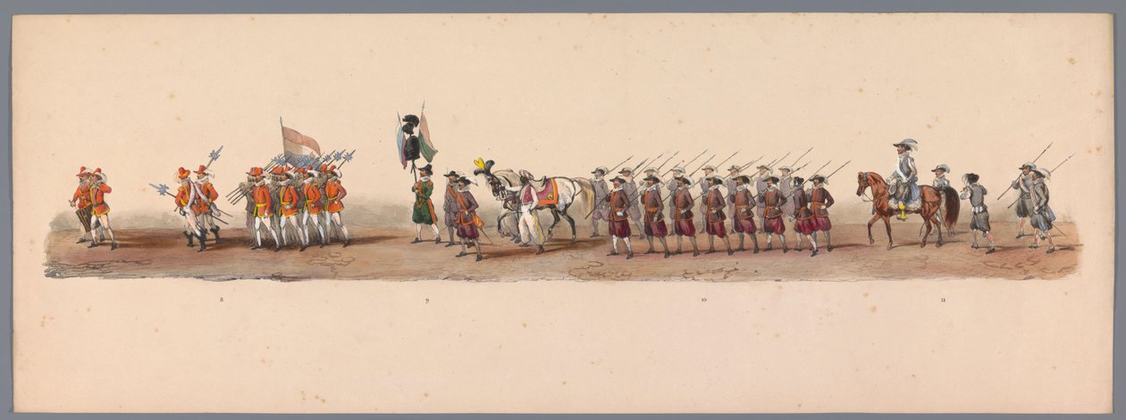 1836 年乌特勒支大学第二个百年庆典上的历史庆典（图版 3）
1600 年 7 月 3 日，尼乌波尔特战役胜利后的第二天，荷兰军队前往奥斯坦德的游行队伍；根据 H H Student 提供的服装表现形式 作者 维克多·亚当