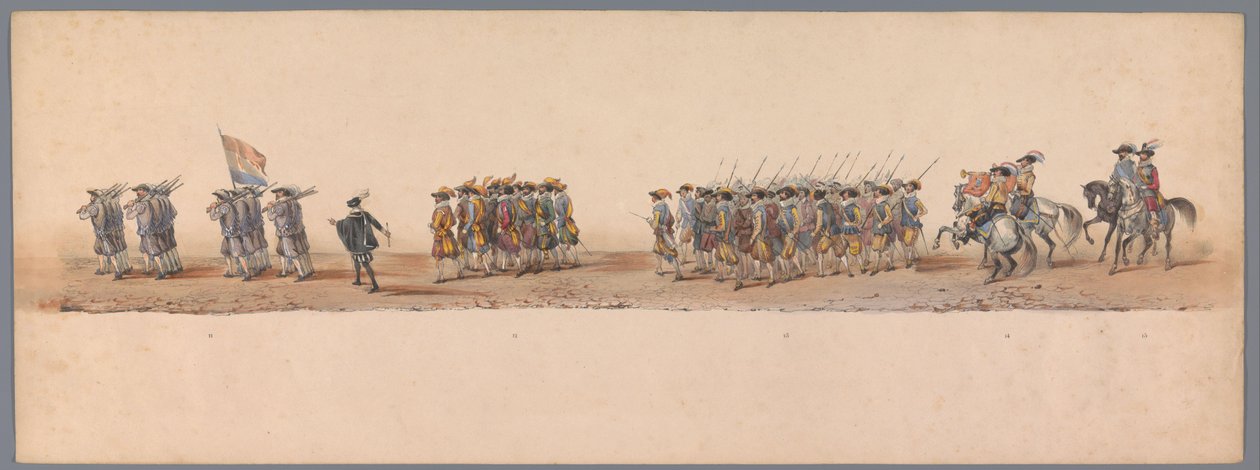1836 年乌特勒支大学第二个百年庆典上的历史庆典（图版 4）
1600 年 7 月 3 日，尼乌波尔特战役胜利后的第二天，荷兰军队前往奥斯坦德的游行队伍；根据 H H Student 提供的服装表现形式 作者 维克多·亚当