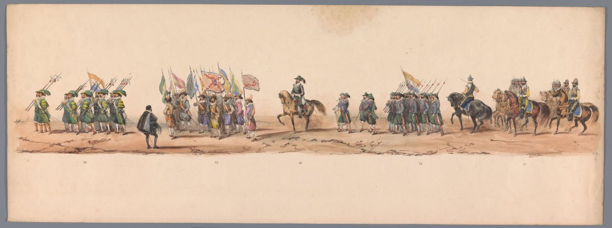 1836 年乌特勒支大学第二个百年庆典上的历史庆典（图版 9）
1600 年 7 月 3 日，尼乌波尔特战役胜利后的第二天，荷兰军队前往奥斯坦德的游行队伍；根据 H H Student 提供的服装表现形式 作者 维克多·亚当