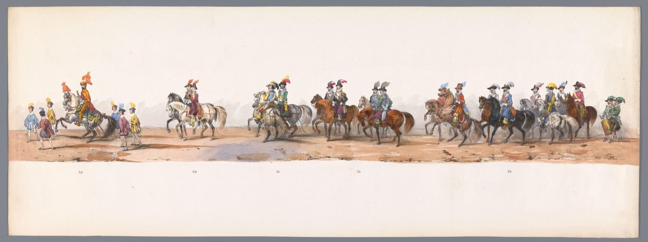 1836 年乌特勒支大学第二个百年庆典上的历史庆典（图版 8）
1600 年 7 月 3 日，尼乌波尔特战役胜利后的第二天，荷兰军队前往奥斯坦德的游行队伍；根据 H H Student 提供的服装表现形式 作者 维克多·亚当