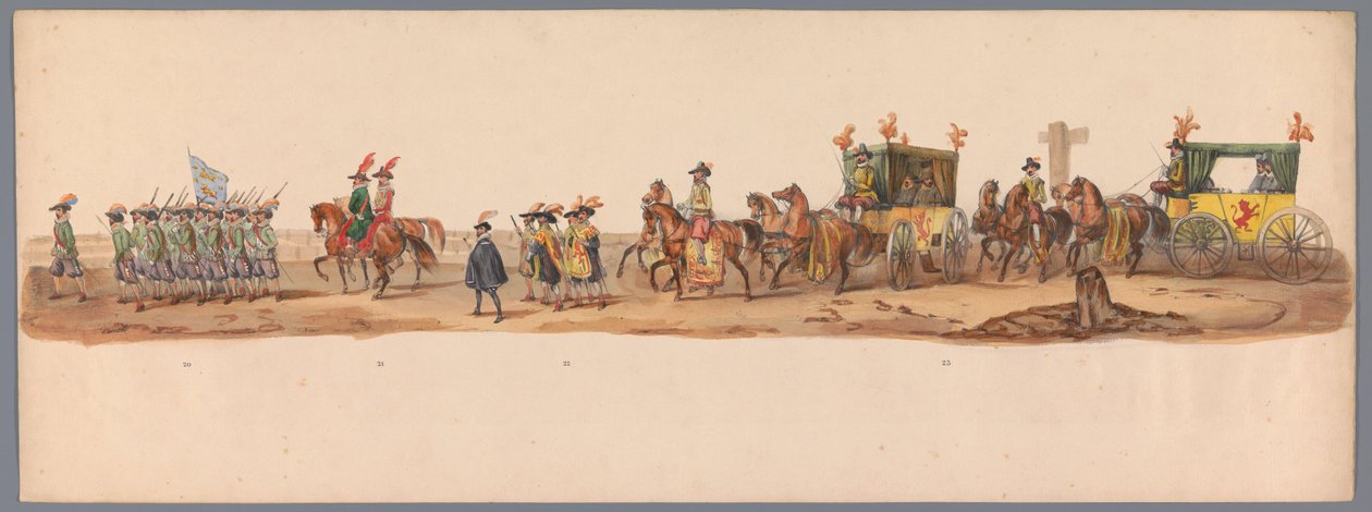 1836 年乌特勒支大学第二个百年庆典上的历史庆典（图版 6）
1600 年 7 月 3 日，尼乌波尔特战役胜利后的第二天，荷兰军队前往奥斯坦德的游行队伍；根据 H H Student 提供的服装表现形式 作者 维克多·亚当