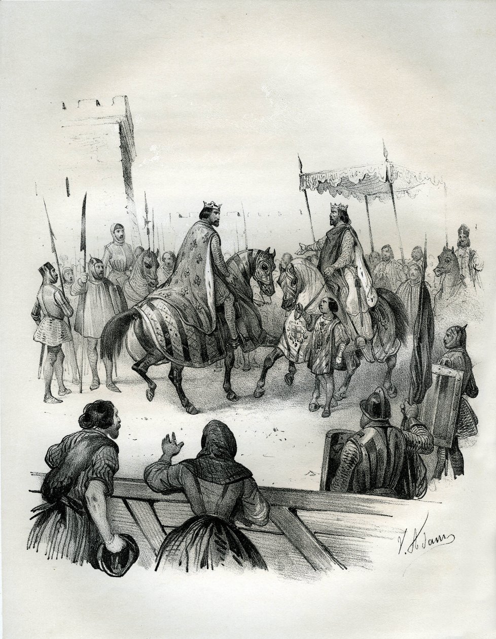 1023年，德意志皇帝亨利二世（Henri 2，被称为跛子和圣人，973-1024年）（巴维耶公爵和日耳曼国王）与法国国王罗贝尔二世（Robert 2 the Pieux，996-1031年）会面。罗伯特是于格-卡佩的儿子，卡佩于公元 976 年加冕为法国国王。 作者 维克多·亚当