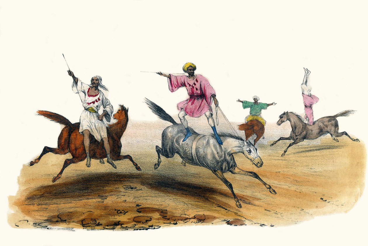 La voltige, par des Bedouins. in "Album Grotesque, Choices of Types Remarkable", illustrations by Victor Adam, Paris, circa 1850. 作者 维克多·亚当