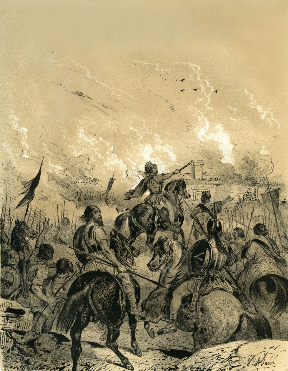 高卢人在 390 年的阿利亚战役后占领了罗马。维克多-亚当（Victor Adam，1801-1866 年）在 19 世纪中叶阿尔当兄弟出版的《中世纪的法国》一书中的雕刻。 作者 维克多·亚当