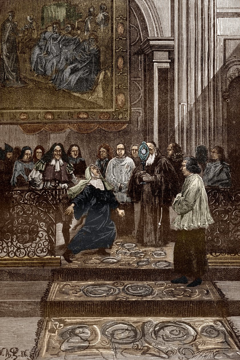 卢登恶魔事件（Affaire des possedes de Loudun），约 1630 年：“希农牧师皮埃尔·巴雷（Pierre Barre）在“卢登附身”事件之后对乌尔苏拉修道院被附身的女院长进行驱魔，插图为卢登附身 作者 维克多·阿曼·波尔森
