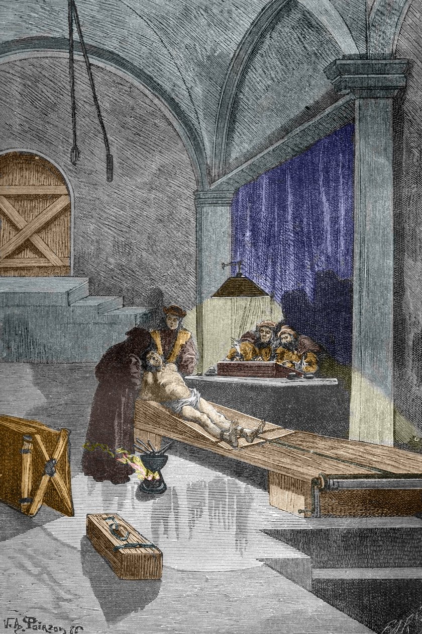 1588 年 5 月 25 日，被控施巫术的皮埃尔-奥佩蒂牧师在被活活烧死前遭受酷刑（雕刻） 作者 维克多·阿尔芒·波尔森