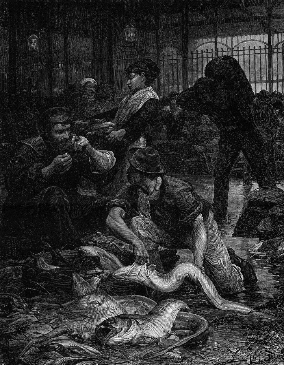 清晨的鱼馆一角（1880年）。根据维克多-加布里埃尔-吉尔伯特（1847-1933）的画作雕刻的。载于1月29日的《图画世界》第1244期 作者 维克多·加布里埃尔·吉尔伯特