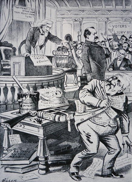 格罗弗-克利夫兰（Grover Cleveland，1837-1908）讲述了他私人生活的真相，而他的对手詹姆斯-布莱恩（James Blaine，1830-93）则被描绘成腐败分子。 作者 维克多·吉拉姆