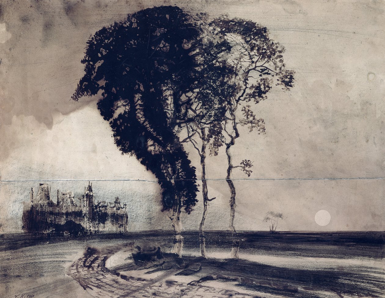 景观与三棵树，1850年（木炭，笔和印度墨水和纸上洗） 作者 维克多·雨果