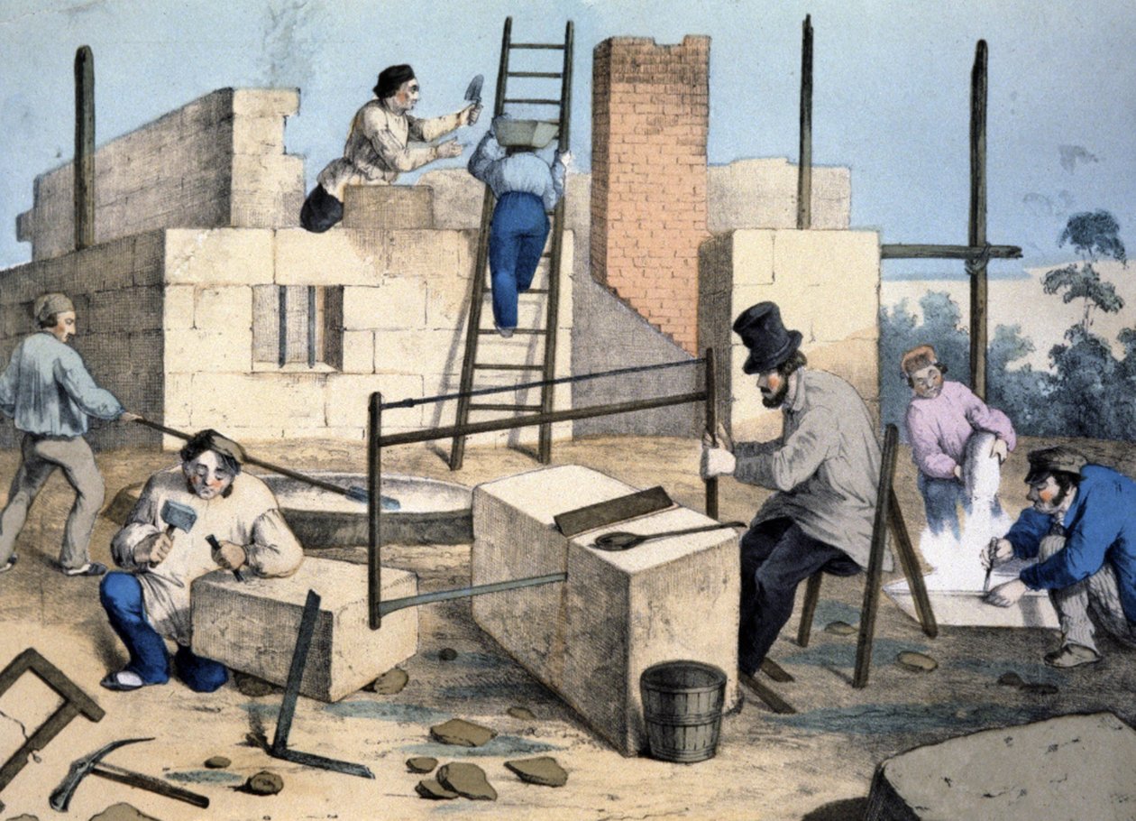 房屋建筑，约 1860 年（石版画） 作者 维克多·詹森（Victor Janson）