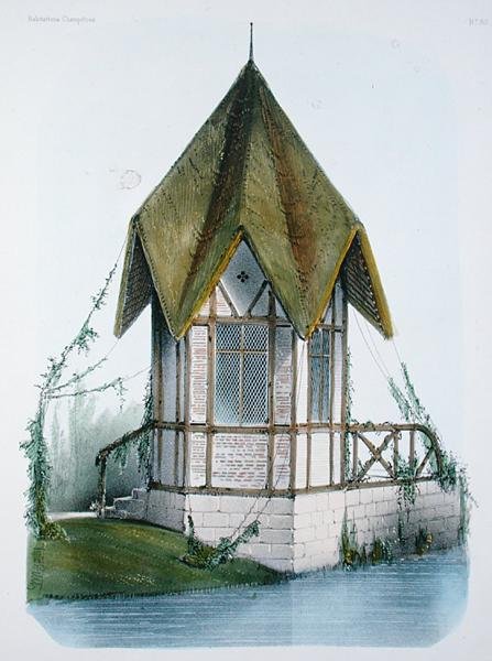 乡间亭子，来自 "Habitations Champetres"，由Becquet兄弟雕刻，约1855年（彩色平印）。 作者 Victor Jean-Baptiste (after) Petit