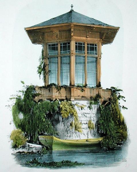 公园亭子，选自 "Habitations Champetres"，约1855年出版（色版画）。 作者 维克多·让·巴蒂斯特·珀蒂（Victor Jean Baptiste Petit）