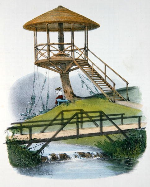 勃艮第拉莫特公园的小屋和乡村桥，插图来自巴黎出版的 "Habitations Champetres"，约1895年（铬酸盐）。 作者 Victor Jean-Baptiste (after) Petit