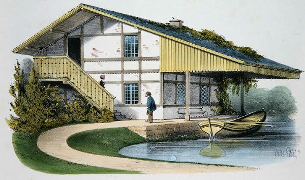 玻璃匠的小屋，插图来自巴黎出版的 "Habitations Champetres"，约1895年（铬酸盐）。 作者 Victor Jean-Baptiste (after) Petit