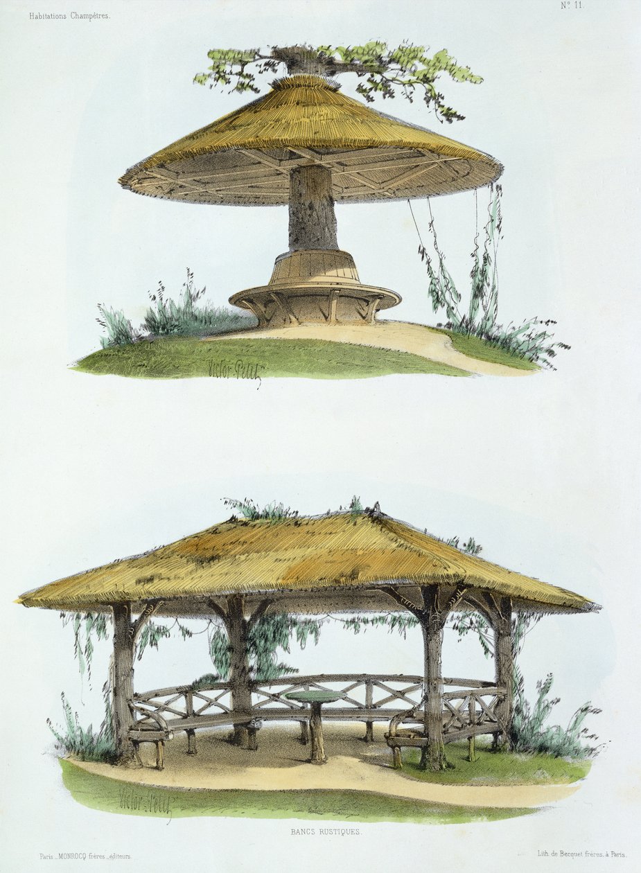 乡村长椅，来自&39;Habitations Champetres&39;，出版于1985年（彩色石版画） 作者 维克多·让·巴蒂斯特·珀蒂（Victor Jean Baptiste Petit）