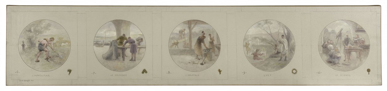 巴黎市政厅 Lobau 画廊草图：农业。商业。工业。艺术。科学，1890 年（铅笔、布面油画） 作者 维克多·让·皮埃尔·马齐斯