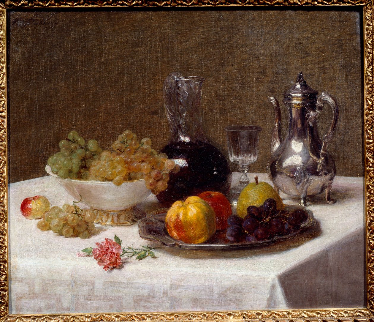 Table corner Still life of fruit (grapes, quince and pear), silverware and wine jug. Painting by Victoria Dubourg (1840-1926) 20th century Sun. 0,52x0,63 m Grenoble, Musee des Beaux Arts 作者 维多利亚·杜伯格