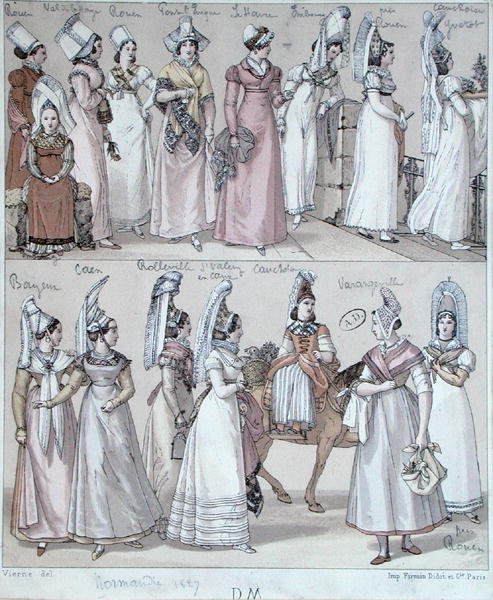 诺曼底的传统服装，约1830年（彩色平版印刷）。 作者 维尔纳（后）