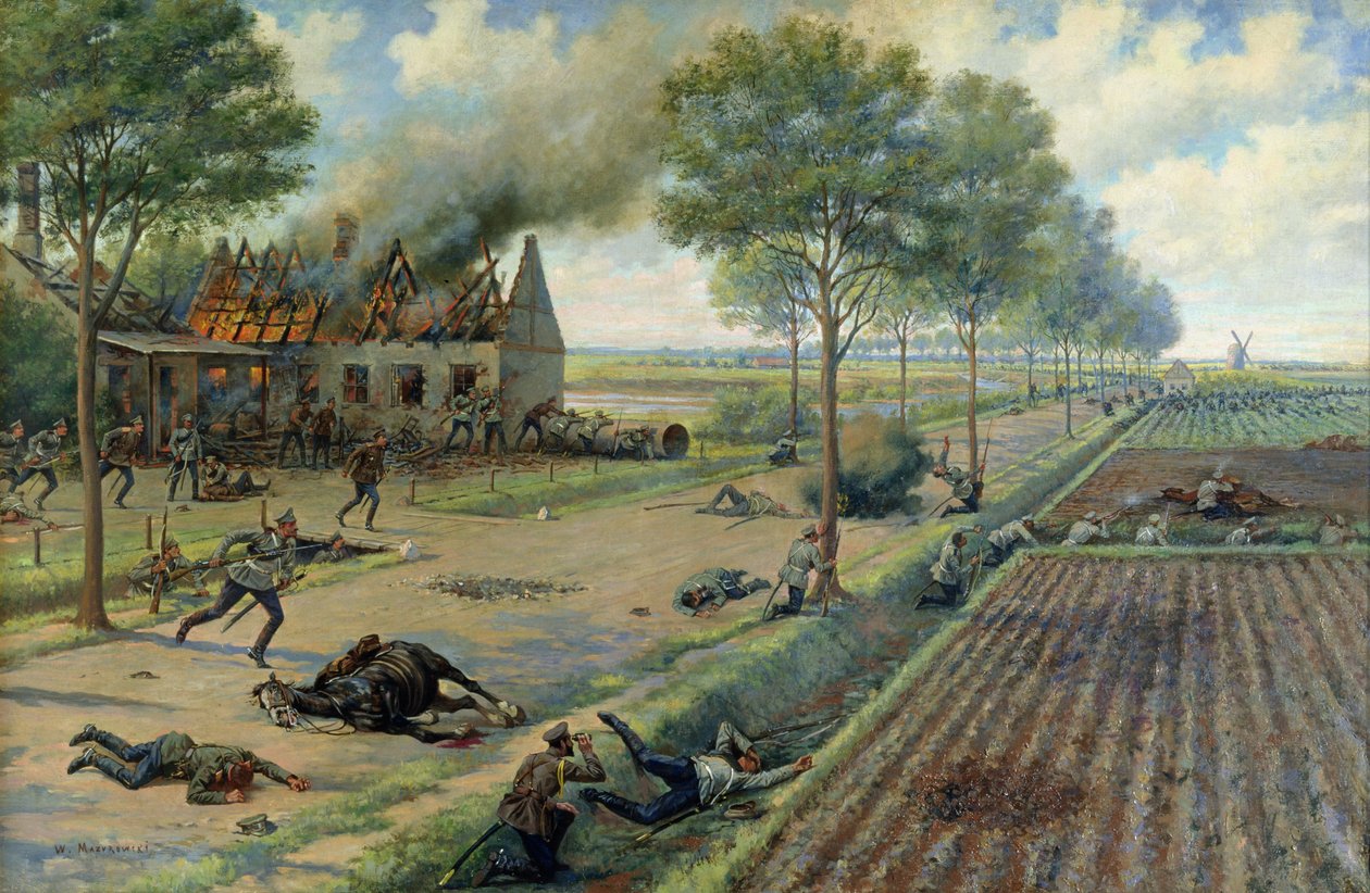 1915 年俄罗斯骑兵在村庄与德军作战，约 1915-16 年（布面油画） 作者 维克多·维凯蒂耶维奇·马祖罗夫斯基