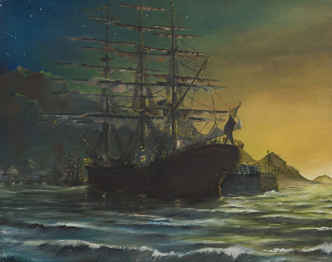 快船在1860年的港口，1991年，（油画板） 作者 文森特·亚历山大·布斯