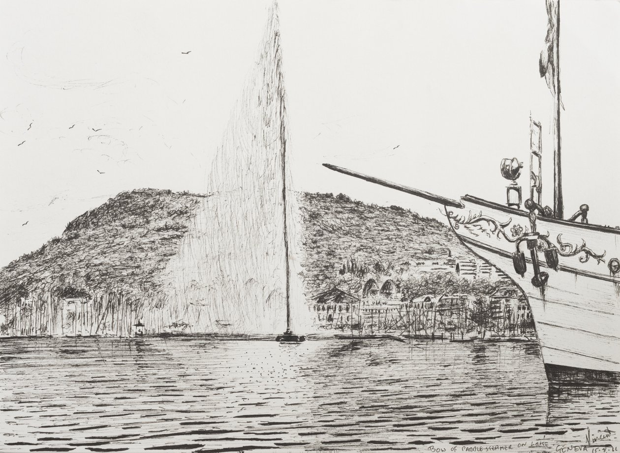 日内瓦喷泉和游艇弓，2011年，（纸上墨水） 作者 文森特·亚历山大·布斯