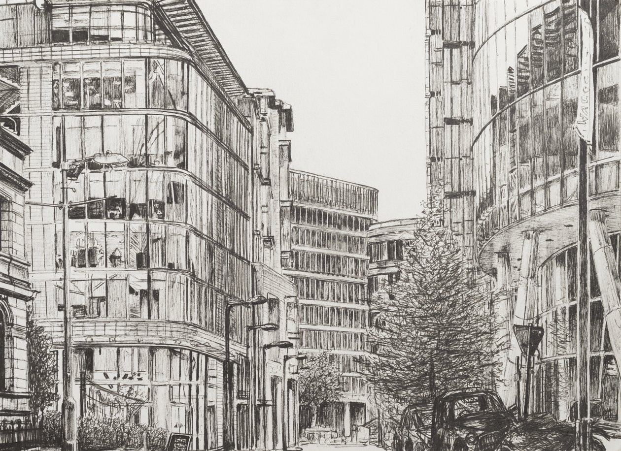 曼彻斯特，Deansgate，从咖啡馆查看，2010年，（纸上墨水） 作者 文森特·亚历山大·布斯