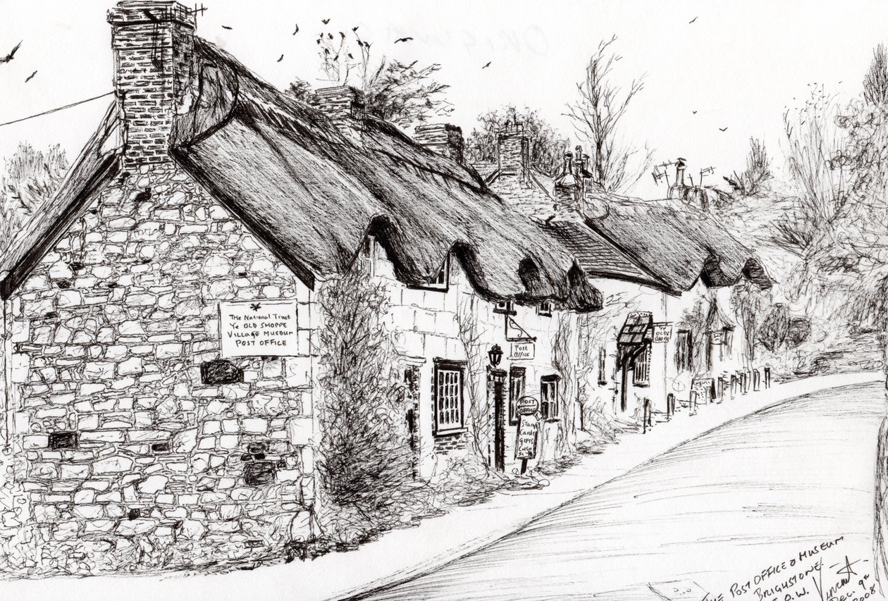 邮局和博物馆Brighstone IOW，2008，（墨水在纸上） 作者 文森特·亚历山大·布斯
