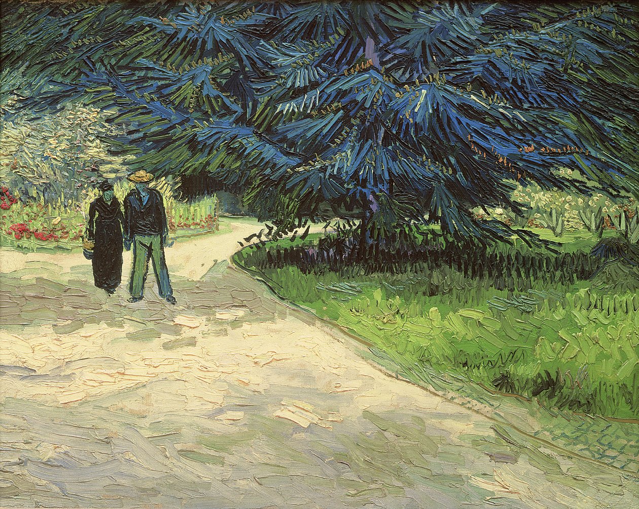 公共花园与夫妇和蓝色杉树：诗人的花园III，1888年 作者 文森特·梵高