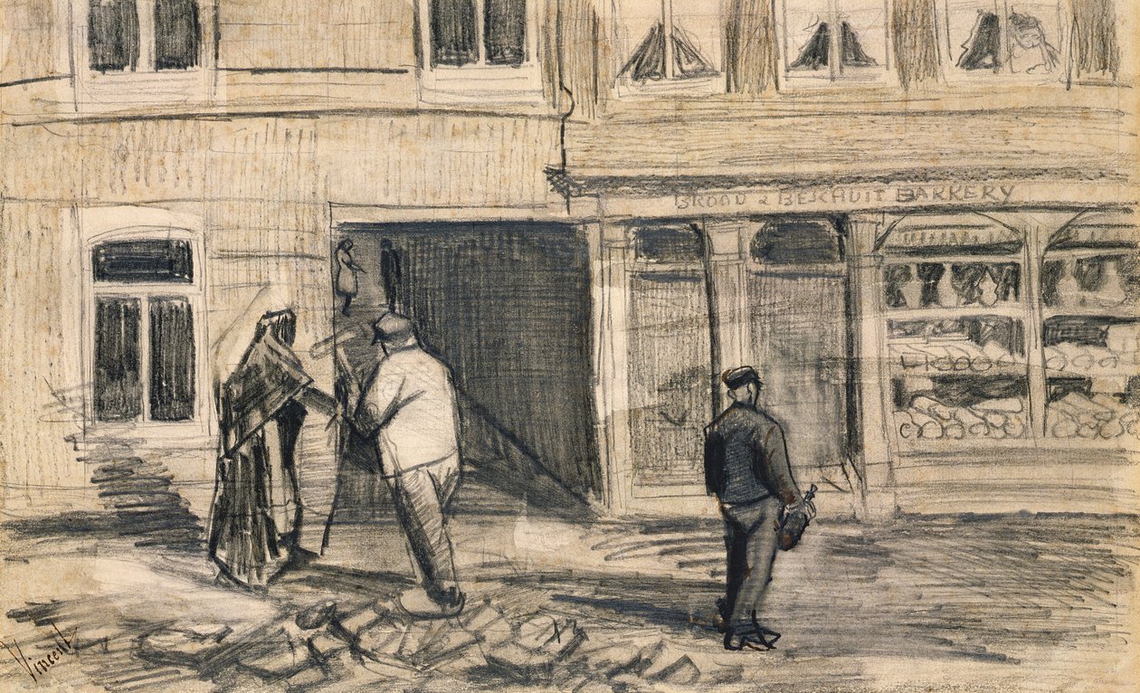 de Geest的面包店，1882年（牛皮纸上的铅笔和木炭） 作者 文森特·梵高