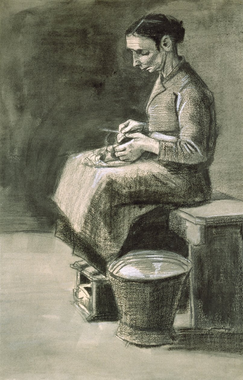 女人削土豆，1882年（黑色粉笔和洗白纸上的白色加高） 作者 文森特·梵高
