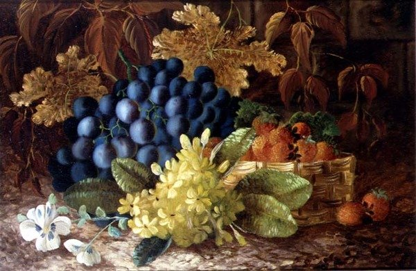 葡萄和一篮子草莓在长满青苔的岸边的静物画 作者 文森特（之后）克莱尔