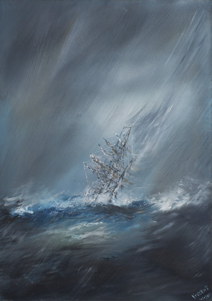 HMS小猎犬在1832年12月24日在Cape Horn的风暴。 2012年，（布面油画） 作者 文森特·亚历山大·布斯