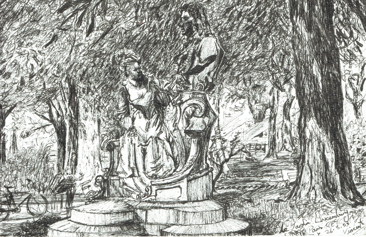 雕像在巴黎花园卢森堡，2003年，（纸上墨水） 作者 文森特·亚历山大·布斯