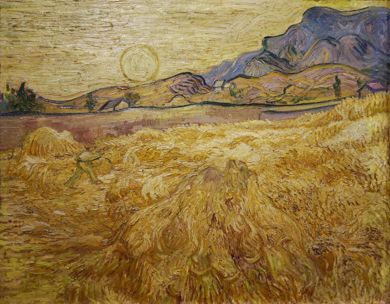 有收割机和太阳的麦田，1889年。 作者 文森特·梵高