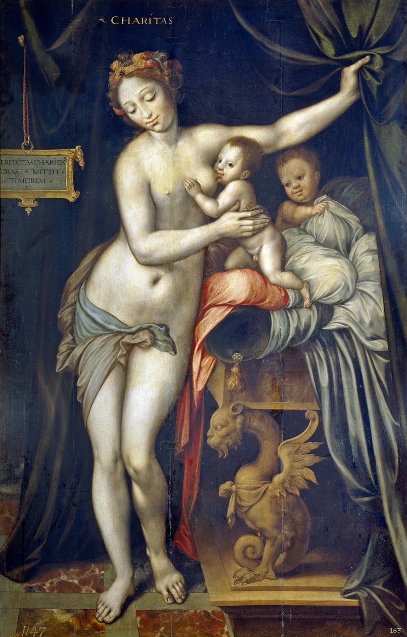 Charity par Vincent Sellaer (1490-1564)，约 1555 年 - 木头油彩 作者 文森特·塞勒