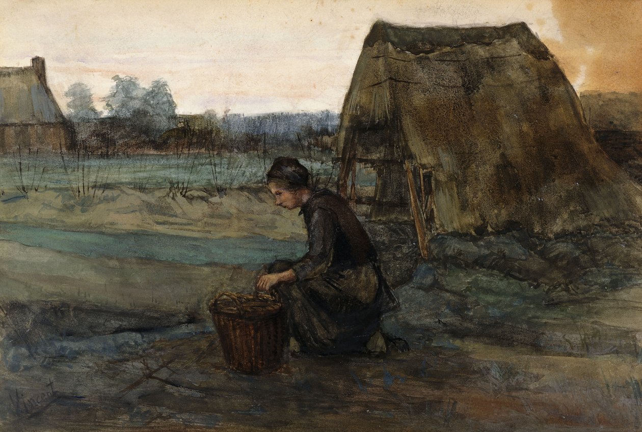 小屋前的跪着农民的女人；农民妇女跪在小屋前，1883年 作者 文森特·梵高