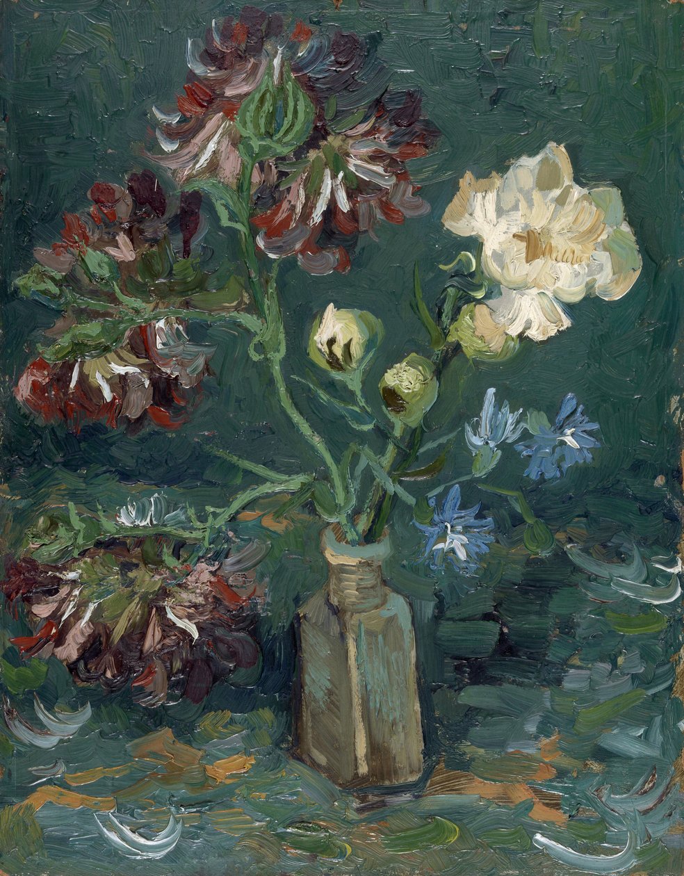 Bottle with Peonies and Blue Delphiniums (bouteille avec pivoine et delphinium bleu) par Gogh, Vincent, van (1853-1890). Oil on cardboard, size : 34,5x27 作者 文森特·梵高