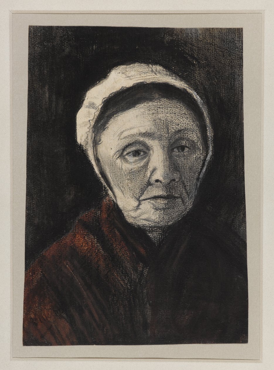 Scheveninger帽子的一位老妇人的头，1882-83（纸上的木炭，黑色和棕色粉笔） 作者 文森特·梵高