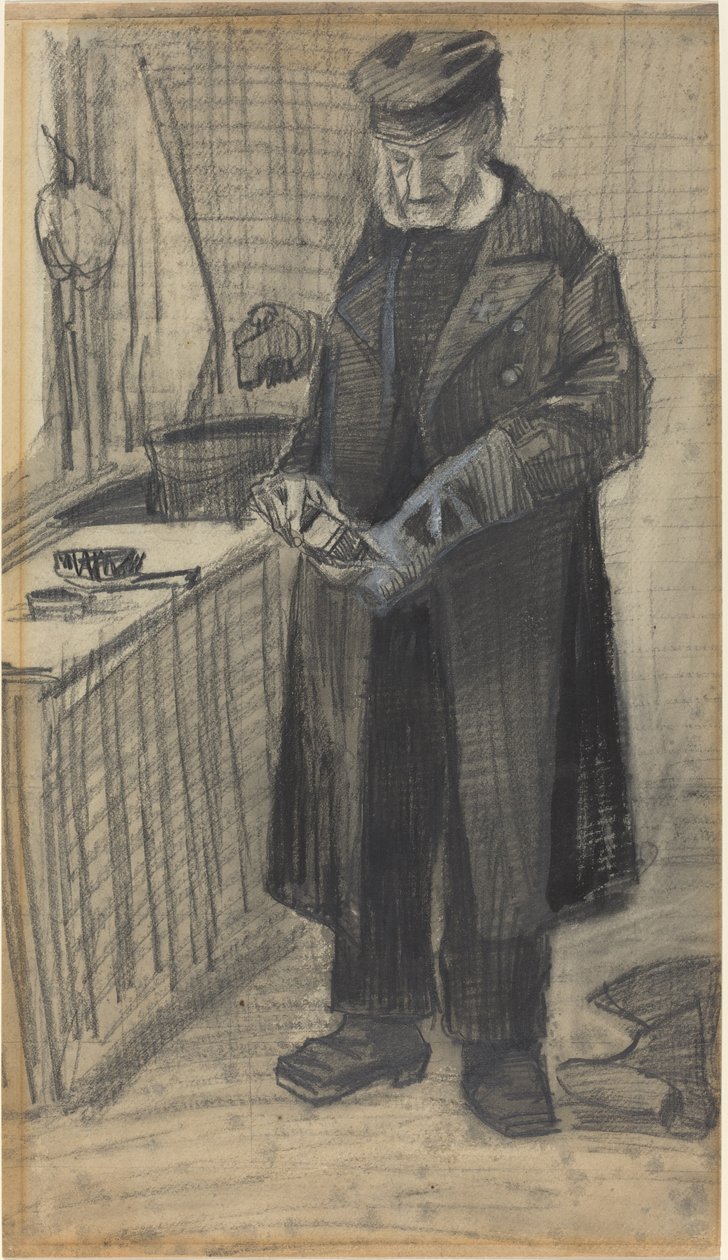男人抛光靴子，1882年（黑色粉笔和灰色洗，在编织纸上加白色） 作者 文森特·梵高