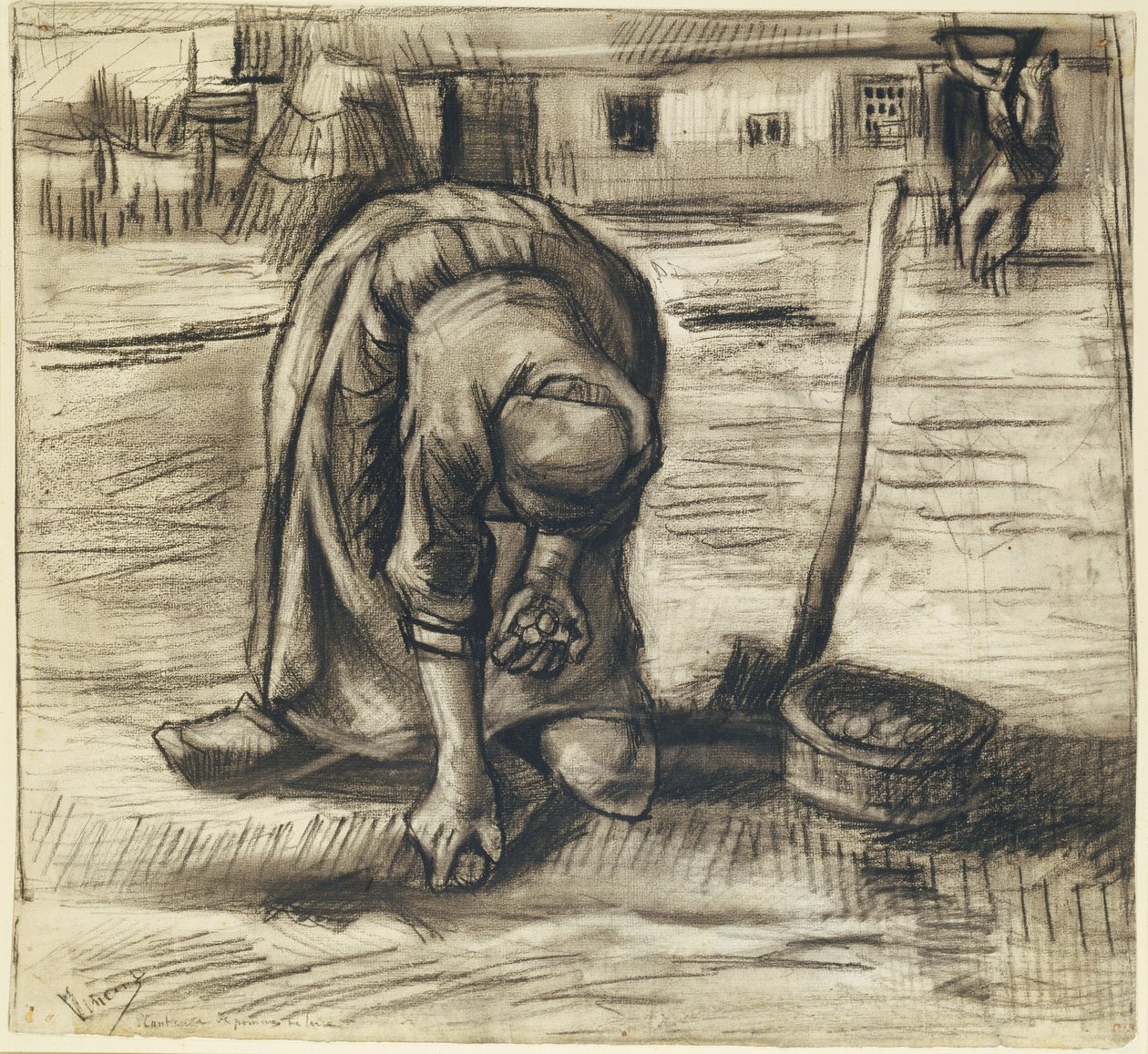 种植土豆的农妇，c.1885（黑色粉笔和木炭纸本） 作者 文森特·梵高