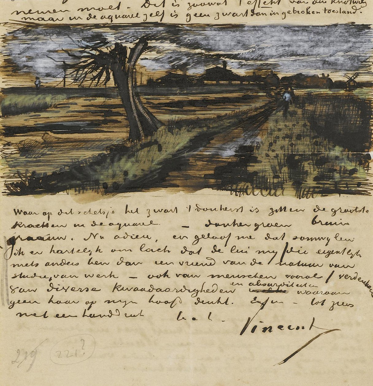 Pollard Willown (saule tetard)。 写给西奥·梵高的信 par Gogh, Vincent, van (1853-1890)。 水彩，纸上水粉 作者 文森特·梵高