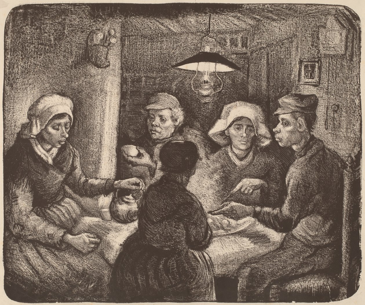马铃薯食者，1885年（深褐色的石版画） 作者 文森特·梵高