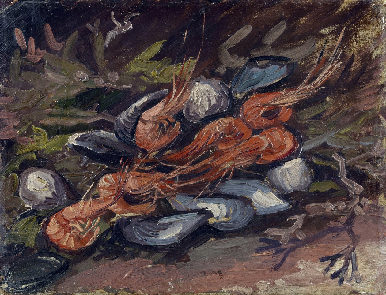 Gogh, Vincent, van (1853-1890) 的《虾和贻贝》（虾和贻贝）。 布面油画，尺寸：26,5x34,8 作者 文森特·梵高