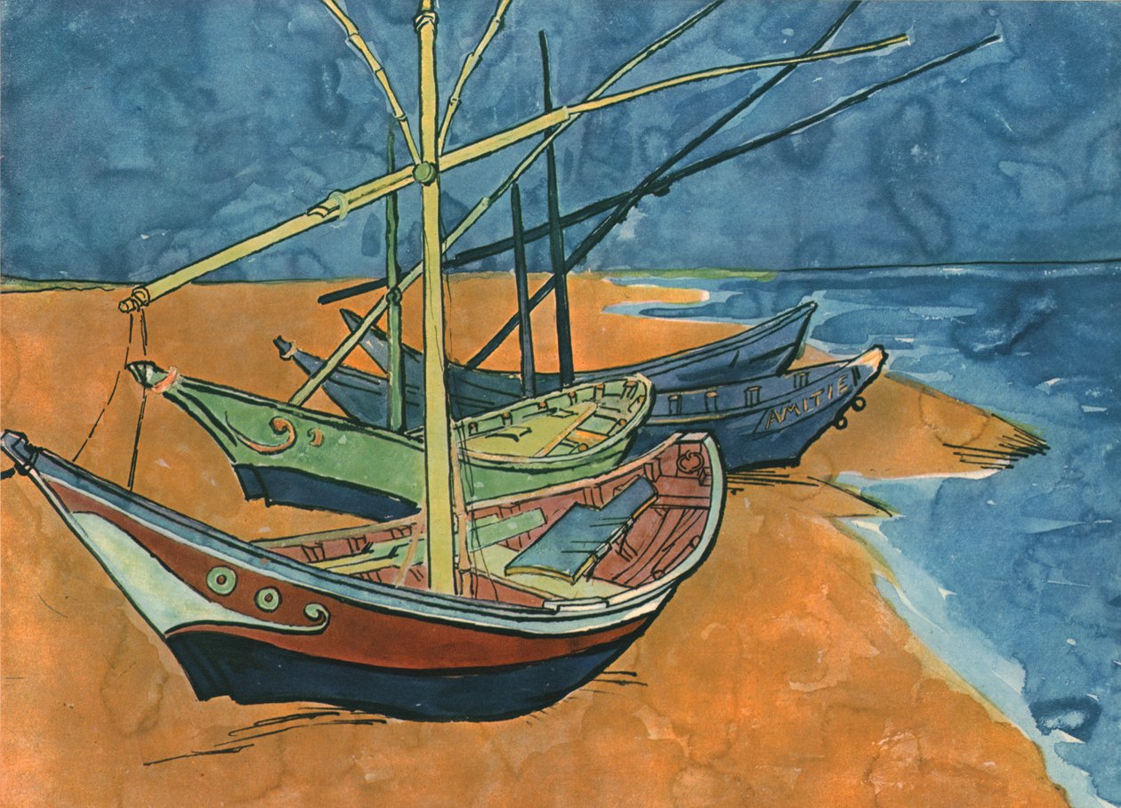 1888年6月，Les Saintes-Maries海滩上的帆船，1947年。 作者 文森特·梵高