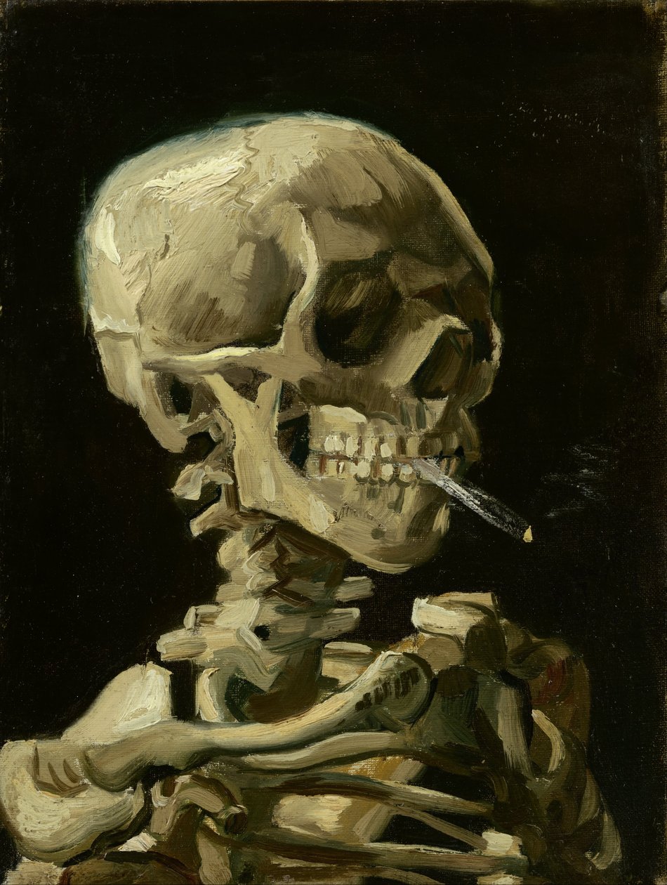 燃烧着香烟的骷髅头骨，约 1886 年（布面油画） 作者 文森特·梵高