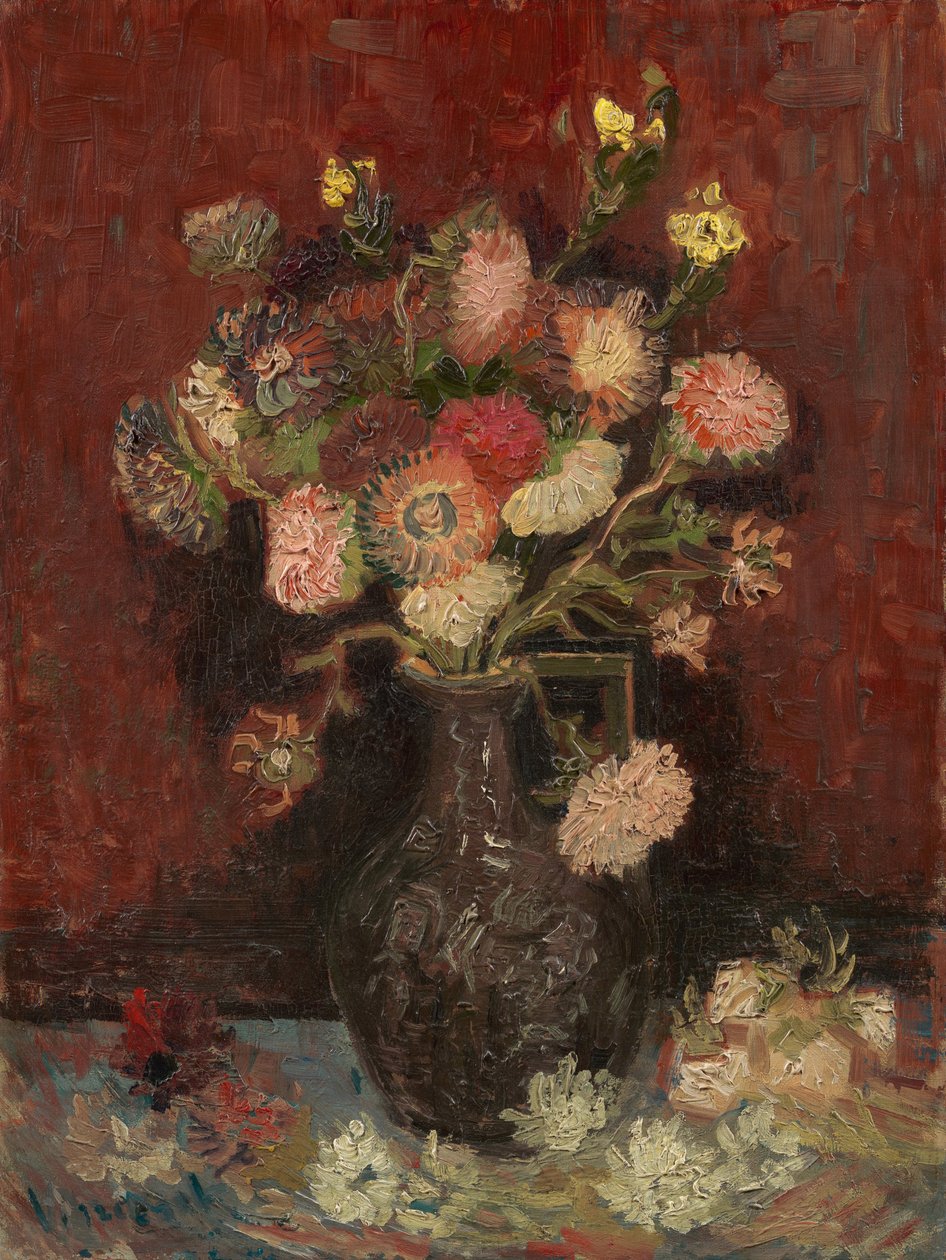 花瓶与中国雏菊和剑兰 - 文森特-凡高（1853-1890 年）的油画，布面油画 作者 文森特·梵高