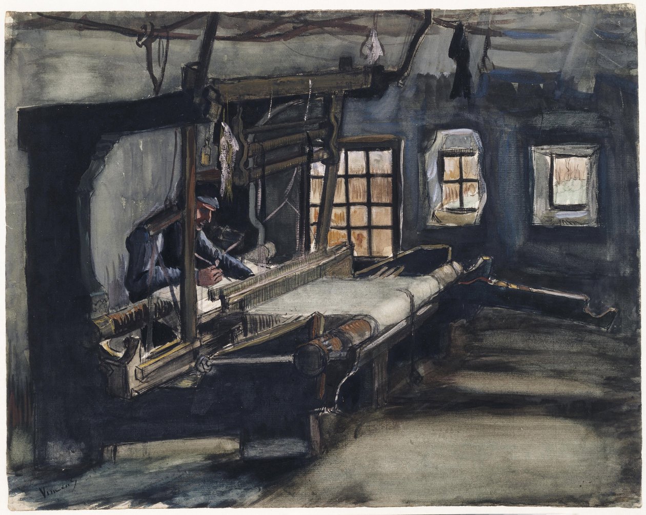 Weaver (tisserand) par Gogh, Vincent, van (1853-1890)。 钢笔、画笔、水彩、纸本印度墨，尺寸：35,5x44,6 作者 文森特·梵高